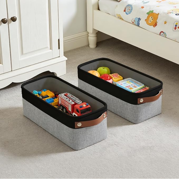 Bagnizer Small Fabric Storage Baskets, 15x6x5 inch Narrow Storage Bins 4-Pack Long Storage Basket for Organizing with Handles, Decorative Basket for Closets, Shelves, Toilet Paper, Grey