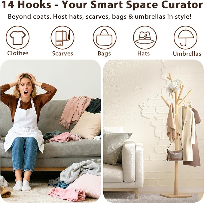 Solid Wood Coat Rack - Freestanding Coat Hat Rack Stand with 14 Hooks, Clothes Rack Heavy Duty Space Saving Entryway Coat Tree Hanger Rack for Coats Jackets Hats Bags, Adjustable Height (Natural)