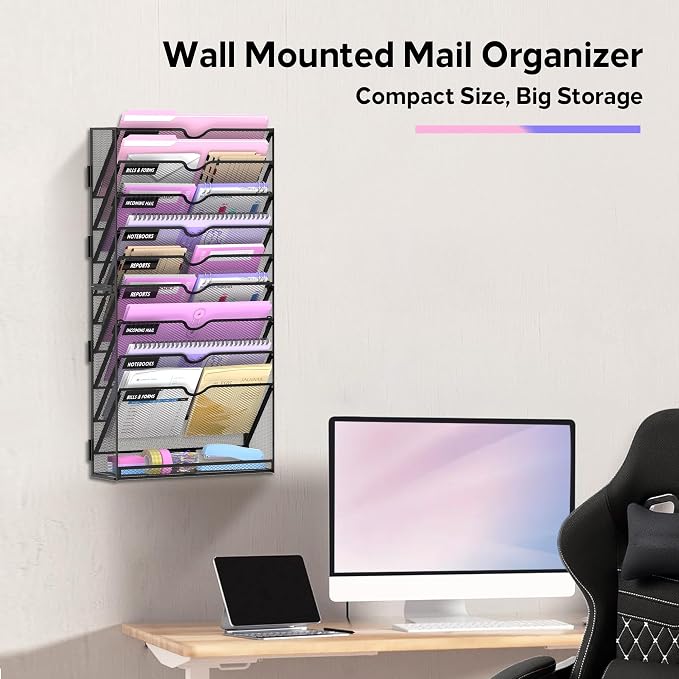 10-Tier Wall File Organizer with Base, Wall Mounted File Holder | Vertical Hanging File Organizer with Open Compartments and Label Holders for Mail, Folders and Paperwork at Home or Work