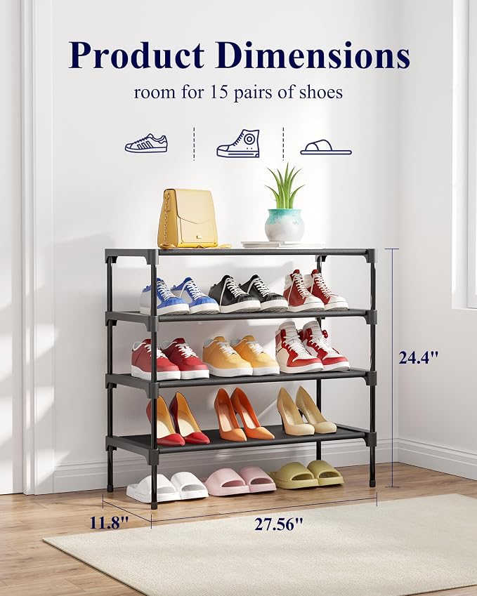 Kitsure Shoe Rack - Non-Woven Shoe Rack Shelf, Shoe Organizer for Closet, Entryway, Garage & Corridor, Stackable Shoe Shelves, X-Large, Black | Shoe Organizer for Closet, Entryway, Garage, Stackable Shoe Shelves, college dorm&apartment essentials