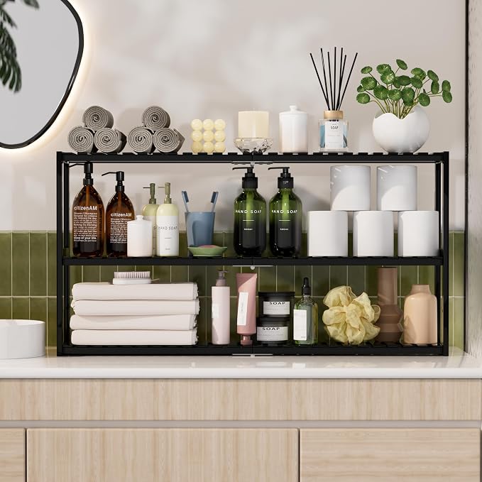 Extra Long Bathroom Organizer Storage Shelves 100% Bamboo Adjustable Height Over The Toilet Storage Floating Shelf for Wall Shower Shelf Can Placed in The Bathroom Kitchen Living Room for Multi Usage