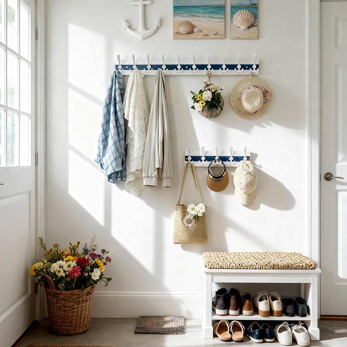 SKOLOO Coastal Coat Rack Wall Mount-38-1/8 Beach House Entryway Wooden Coat Hook with 10 Hooks for Hanging Coats, Hats or Towels, Oceanfront Cottage Core Collection, White & Blue, Pack of 2