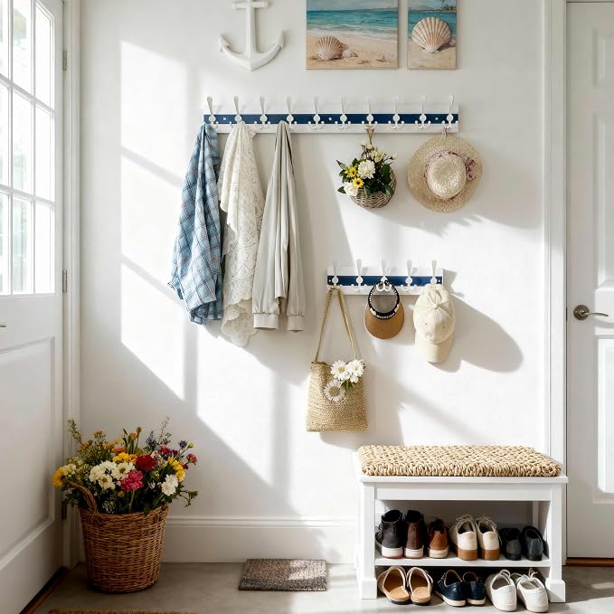 SKOLOO Coastal Wall Mounted Coat Rack - 16-7/8" Beach House Entryway Wooden Coat Hook with 5 Hooks for Hanging Coats, Hats or Towels, Oceanfront Cottage Core Collection, White & Blue, Pack of 2