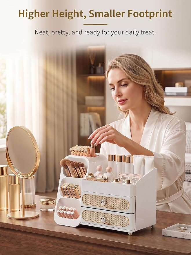 Booklov Large Makeup Organizer for Vanity Countertop, White | Plastic Cosmetic Display Case with Drawers, Beauty Brush Holder for Bathroom Counter, Skin Care Perfumes Storage