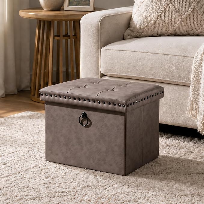 oakvivo 16x12x12 Inches Folding Cube Storage Ottoman, Small Leather Foot Rest Stool with Button Tufted Rivet Design, Footstool Bench, Ottoman with Storage for Living Room, Coffee Table, Oak Brown
