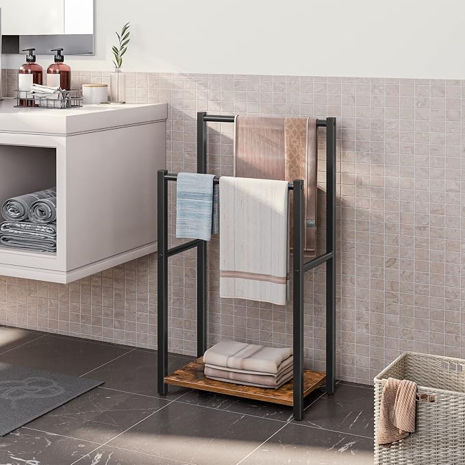 HOOBRO Free Standing Towel Rack for Bathroom, 2 Tier Blanket Rack, 16.5" L x 9.4" W x 31.5" H, Blanket Holder, Drying and Display Rack with Shelf, Rustic Brown and Black BF02LB01