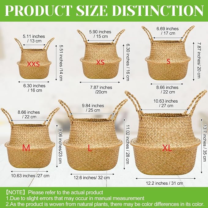 Qunclay 8 Pcs Woven Seagrass Baskets Belly Basket Folding Boho Natural Plant Pot with Handles Round Decorative Wicker Large Indoor Planter for Home Outdoor Tree Planters Decor (S,8.7''dx7.9''h)