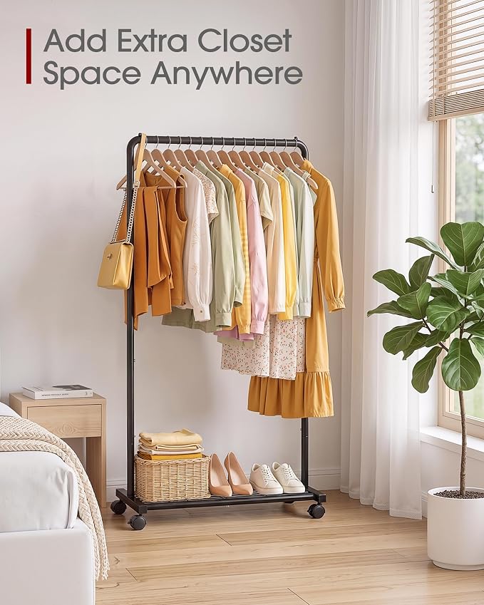 Sakugi Clothes Rack - Clothing Rack with Storage Mesh Shelf & Casters, Heavy-Duty Metal Clothing Rack for Hanging Clothes, Dresses, Coats, Large Load Capacity, Easy Assembly, Black, 28.0"x16.9"x59.0"