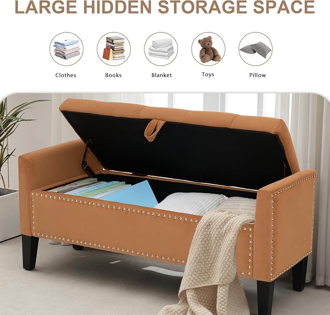 Velvet Ottoman with Storage, 46'' Upholstered Button Tufted End of Bed Bench with Arms, Modern Storage Bench for Living Room, Bedroom, Entryway, Orange