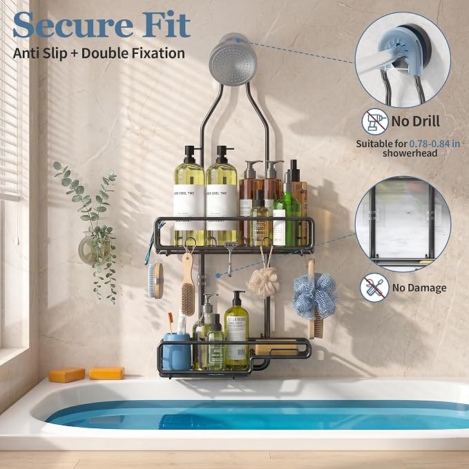 Skyapex Hanging Shower Caddy Bathroom Organizer - Over The Shower Head Adjustable Rack for Tall Showerheads, Extra Large Storage Shelf with Soap Holder for Big Shampoo Bottles