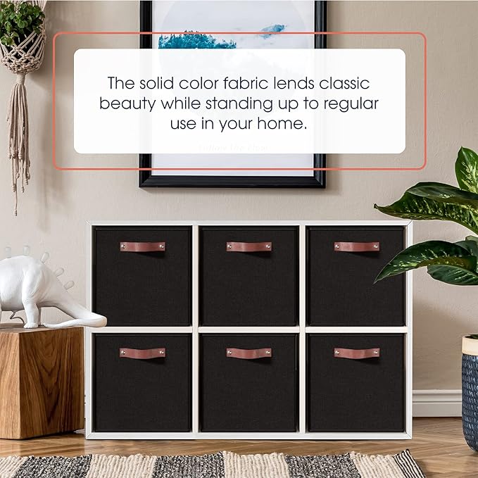 Ornavo Home 13x15x13 Foldable Fabric Storage Cube Bins, 6 Pack, Black | Collapsible Linen Shelf Basket Organizer; Leather Handles; Fits Cube Storage Shelving Units