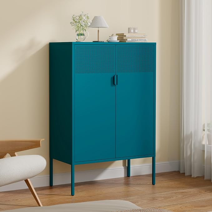 3-Tier Metal Storage Cabinet with 2 Adjustable Shelves & Mesh Doors | Metal Locker Accent Cabinet with Legs, Blue Storage Cabinets, Metal TV Stand Cabinet for Home Office, Entryway & Hallway