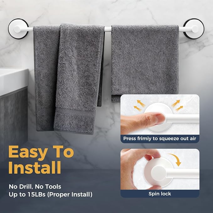14.6inch~24inch Towel Racks for Bathroom,Adjustable Suction Cup Towel Bar for Bathroom Wall,Stainless Steel Bath Towel Holder for Shower(Bright White)