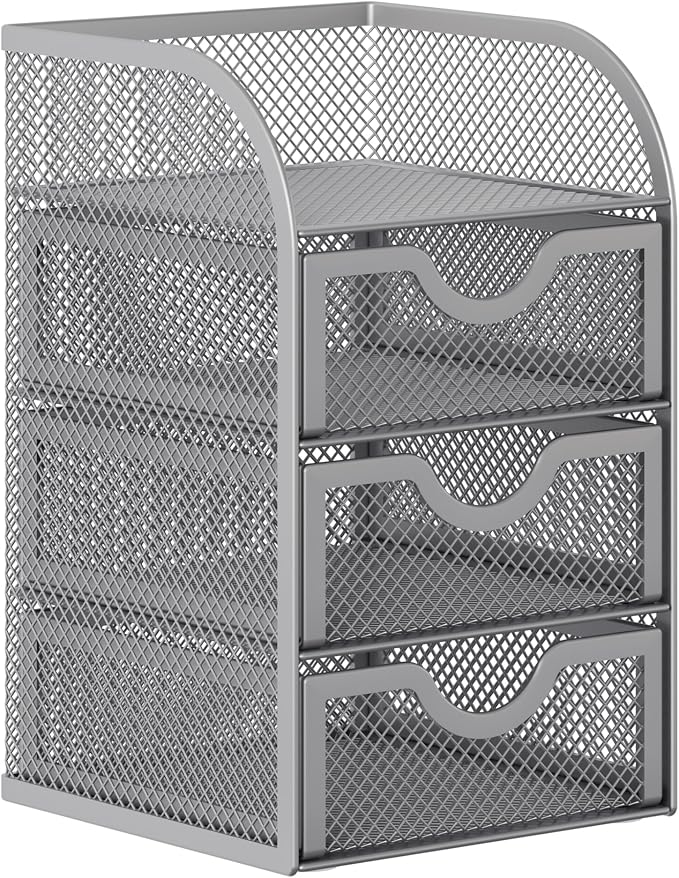EasyPAG Mesh Desk Organizer with 3 Drawer Office Desktop Organizers and Accessories Stationery Caddy for Office, Home, Students, Silver