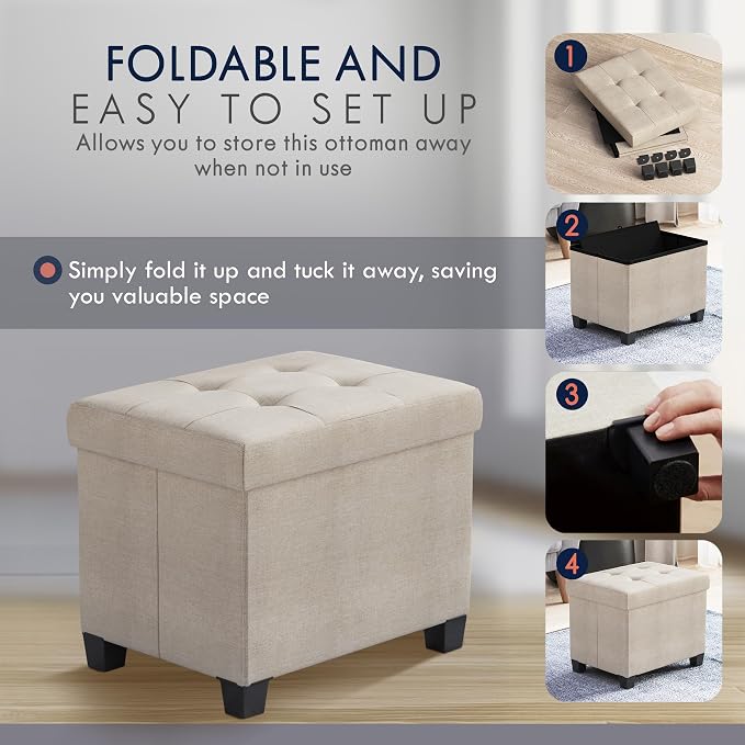 Ornavo Home Small Rectangle Storage Ottoman with Legs, 12x16x12, Beige | Foot Rest Stool Seat; Holds Up to 600 lbs; Ideal for Living Room, Bedroom, Home Office or Dorm