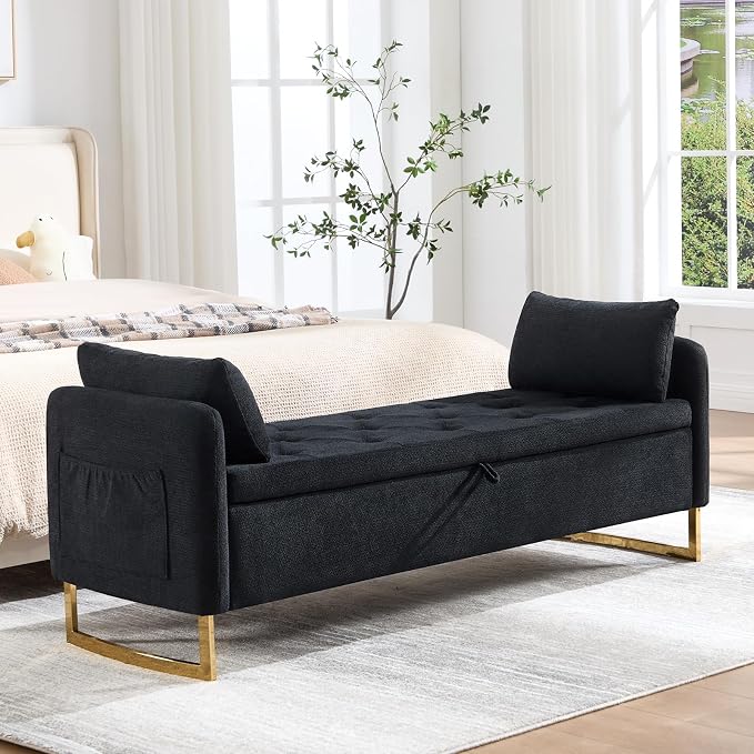 65" Storage Ottoman Bench, Chenille Storage Bench for Bedroom, End of Bed Storage Bench with Tufted Upholstered and Gold Legs, Bedroom Benches with Arms Window and Entryway, Black