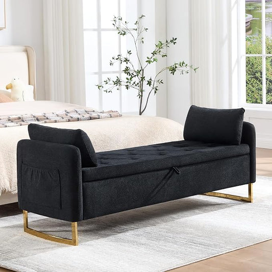 65" Storage Ottoman Bench, Chenille Storage Bench for Bedroom, End of Bed Storage Bench with Tufted Upholstered and Gold Legs, Bedroom Benches with Arms Window and Entryway, Black