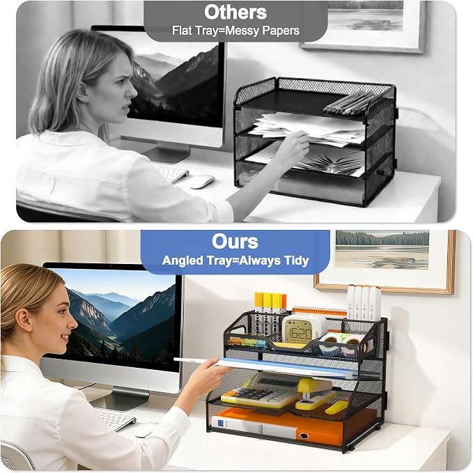 4 Tier Metal Desk Organizer with Magazine File Holder, Black | Space saving workspace desk file trays. Includes pencil holder and portable handles. Ideal for school and office supplies