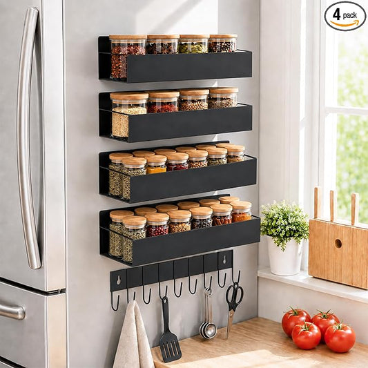 SMRCAD Metal Magnetic Spice Rack 4 Pack with Hook – Heavy-Duty | Iron construction, dust-resistant, fits condiment bottles, includes screws for optional wall mount