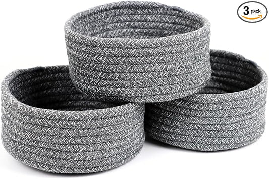 Small Woven Cotton Rope Baskets, Set of 3, Grey | Mini Round Baskets, Gift and Storage Baskets, Nursery Organizer, Bathroom Countertop Bins, Decorative Boho Decor