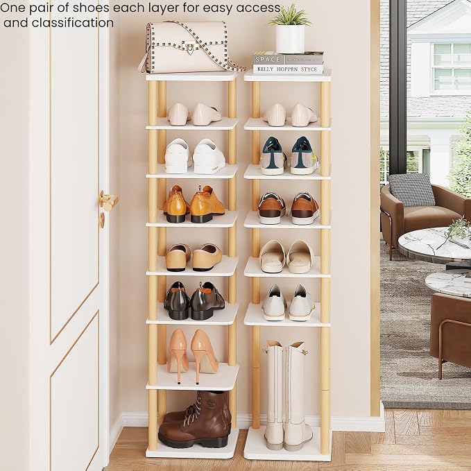 8 Tiers Vertical Shoe Rack, Tall Narrow Shoe Tower, Corner Shoe Rack, White | Small Shoe Organizer for Entryway, Closet, Dorm & Small Spaces, Freestanding Wooden Shoe Shelf for Boots, Sneakers, Heels.