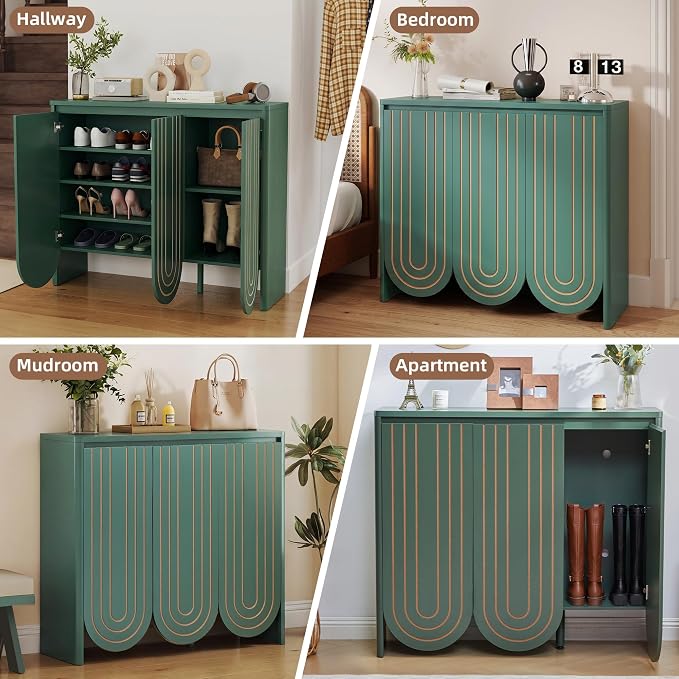 47" Large Shoe Cabinet for Entryway, Shoe Storage Cabinet with Adjustable Shelves, Mid-Century Modern Wooden Shoe Organizer with 3 Arched Doors, Extra Deep Shoe Rack for Sneakers & Boots (Green)