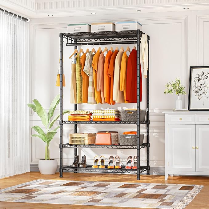 Ulif H4 Portable Closets, 4-Tier Metal Clothes Garment Rack for Bedroom and Cloakroom, Clothing Closet Storage and Organizer Wardrobe, 35.4" W x 14" D x 76.4" H, Black | Freestanding Clothing Closet Storage and Organizer Wardrobe for Apartment and Cloa...