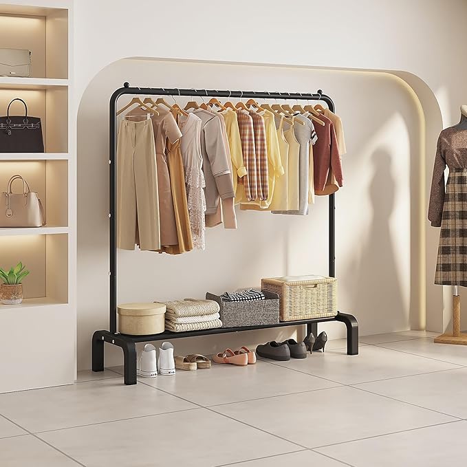 Garment Rack Clothing Clothes Rack for Clothes Organizing Black | Metal 43.3 Inches Garment Rack Clothing Clothes Rack with Bottom Shelf for Hanging Clothes Coats Skirts Shirts Sweaters Black