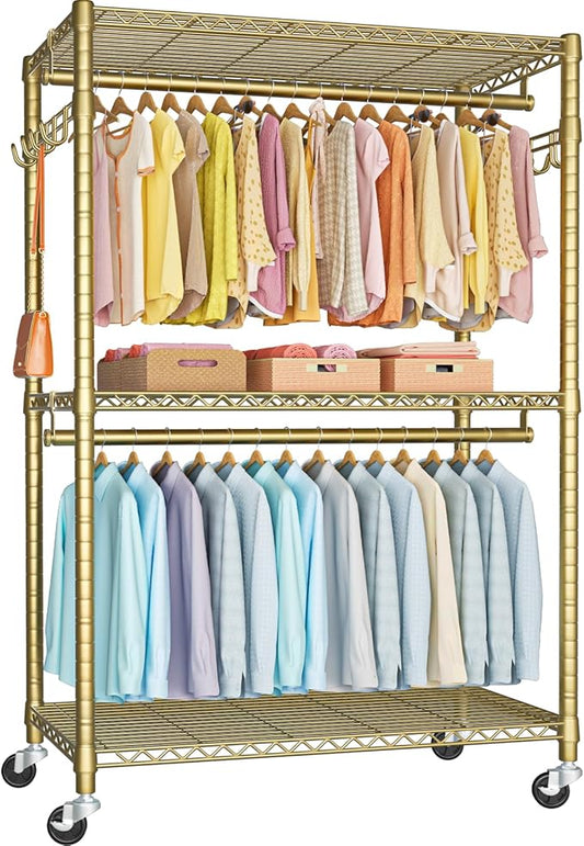 FUTASSI P1 Plus Rolling Clothes Rack, 22mm Diameter Heavy Duty Garment Rack | Clothing Rack with Wheels, Portable Closets with Shelves and Hanger Rods, 45"W x 17.7"D x 80.5"H, Load 524lbs, Gold