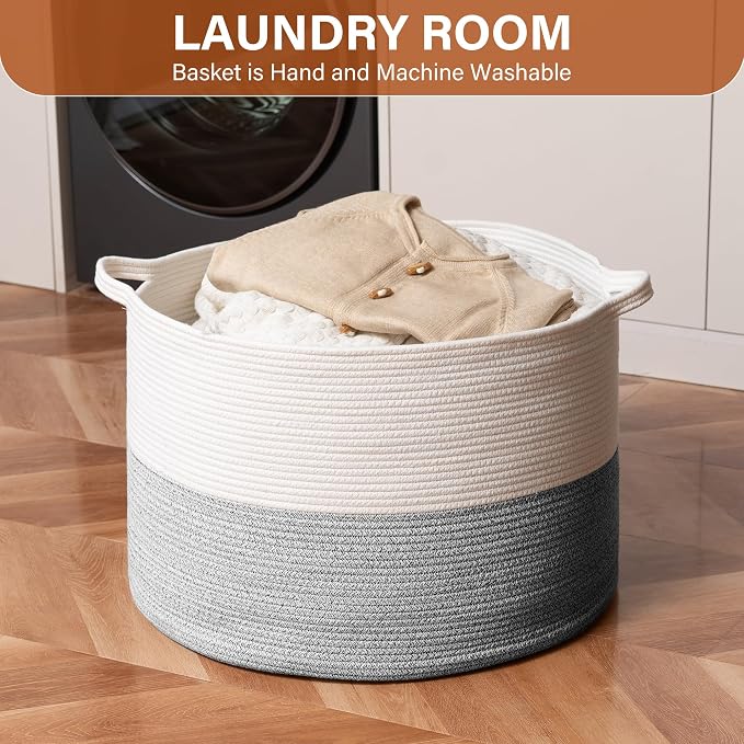 Foldable Laundry Hamper Basket with Collapsible Handle Cotton Rope Soft Woven Fabric Storage Organizer Clothes Toys Nursery Bedroom Dorm Space Saving Bin (White & Light Grey, 65L(19.7"D x 12.6"H))