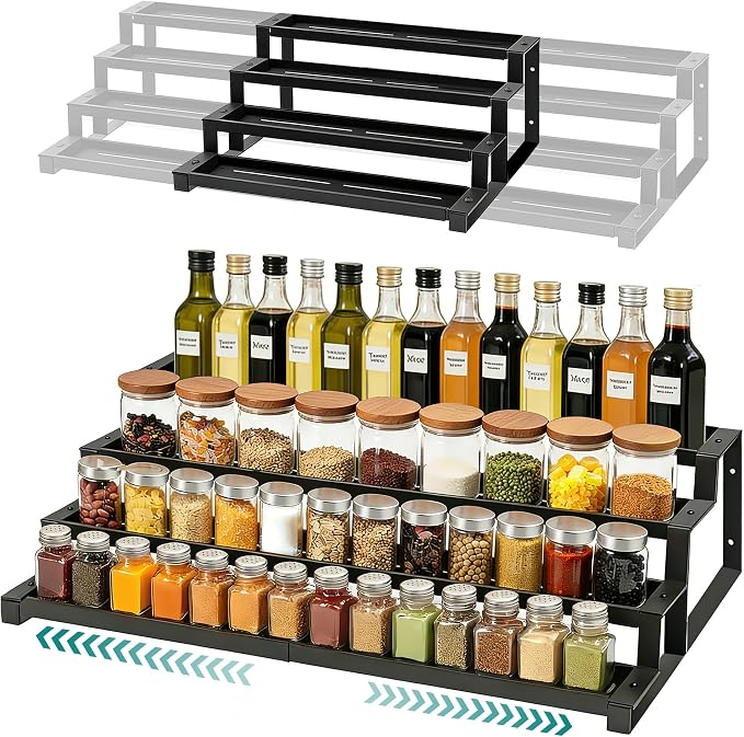 bealy 4-Tier Spice Rack Countertop Spice Rack Organizer for Cabinet, Expandable 16“-29” Spice Shelf Seasoning Organizer, Spice Organizer for Pantry, Slip-Resistant Design for Jars and Bottles