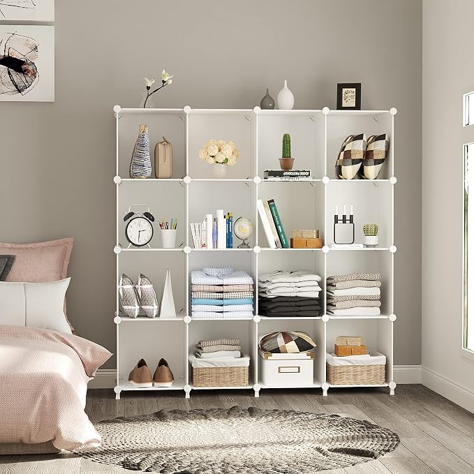AWTATOS Cube Storage Organizer, 16 Cube Closet Organizer, White | Stackable Storage Cube Shelves, DIY Portable Closet Clothes Organizer, Plastic Shelving for Bedroom, Wardrobe, Bathroom