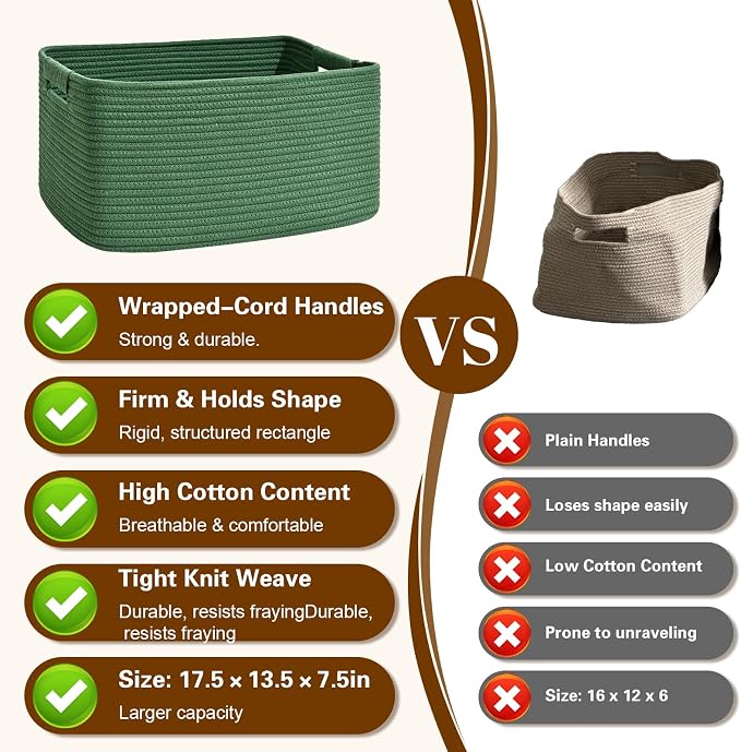 2 Pack Large Storage Basket for Organizing, 17.5"x13"x7" Woven Basket for Shelves, Closet Cube Storage Bins with Wrapped Handle, Cotton Rope Baskets for Kitchen, Clothes, Toys(Green)