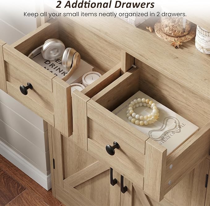Farmhouse Accent Storage Cabinet with Drawers, Small Kitchen Pantry Cabinet | Coffee Bar Cabinet Cupboard, 2 Storage Drawers, 2 Barn Doors & Adjustable Shelves, for Kitchen/Entryway/Living Room/Bathroom