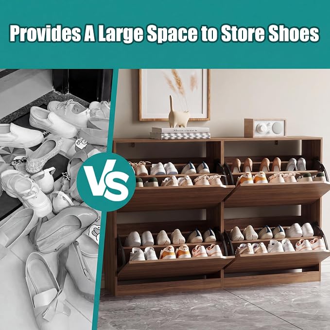 Xixini Shoe Storage Cabinet for Entryway with 4 Flip Drawers, Sturdy Wood Hidden Shoe Storage, Freestanding Narrow Slim Shoe Organizer for Front Door Entrance, Living Room, Hallway, Bedroom, Walnut