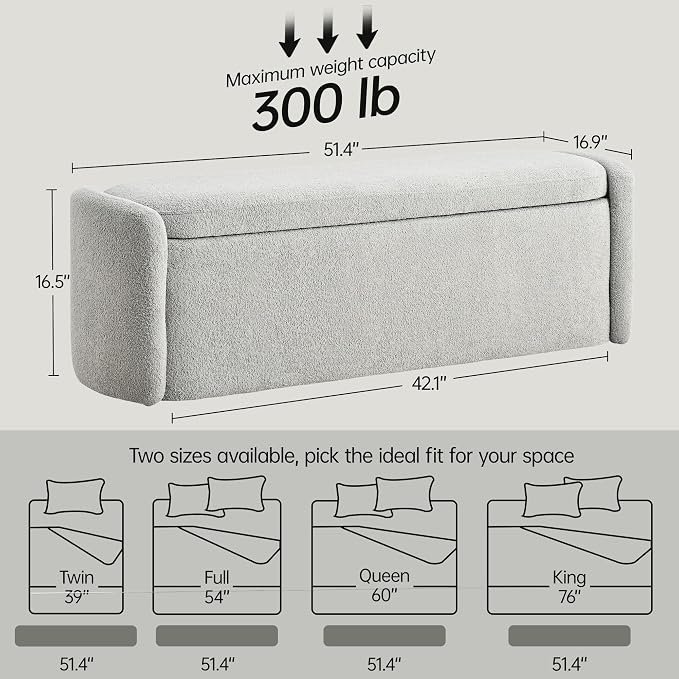 VKNOW Storage Bench, Upholstered Storage Ottoman Bench with Hinge, Grey | Ottoman Bench with Large Capacity, Curved Frame, King Size Bench, Storage Bench for Bedroom, Living Room, Entryway, Window