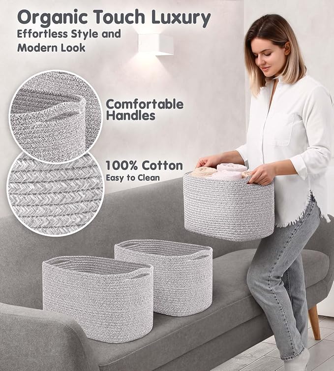 CHAT BLANC Cotton Rope Baskets for Organizing, Shelves, Toys, Storage, Shoe, Bathroom, Laundry, Towel, Nursery, Home Decor, Blanket, Cloth Woven Bins Fabric (Gray7, 15"x10"x9")
