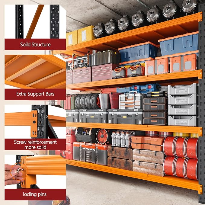 RAVIGIN 7000LBS Storage Shelves,79" W Garage Shelving Heavy Duty Metal Adjustable Garage Shelves, Shelving Units Industrial Shelving for Warehouse,79" W x 24" D x 79" H,Orange