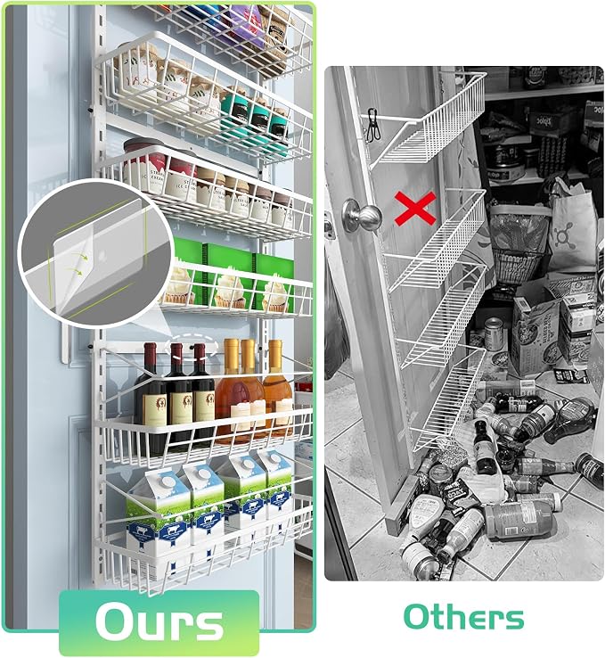 Mefirt Over The Door Pantry Organizer, Wall Mount Spice Rack 6-Tier White | Pantry Hanging Organizers and Storage, Adjustable Baskets Heavy-Duty Metal for Home & Kitchen, Back of Door Seasoning Rack