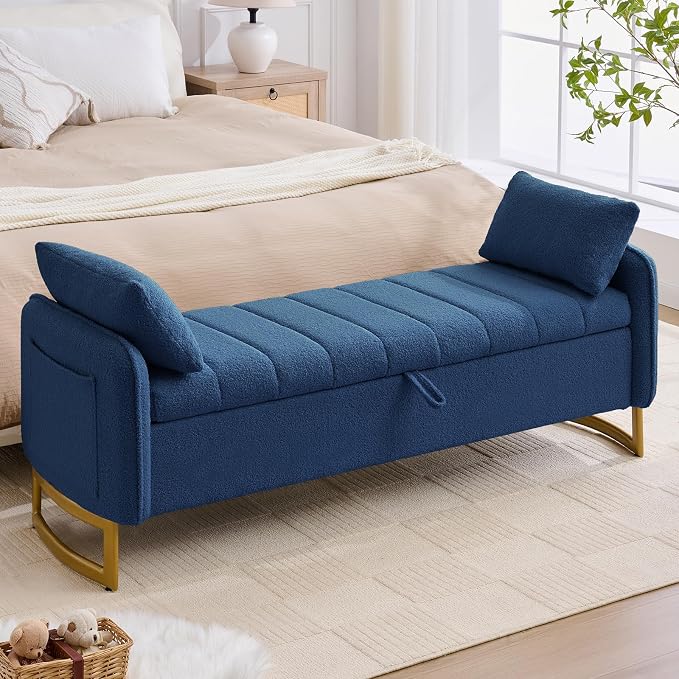 66'' King Size Storage Bench for Bedroom, Teddy Boucle End of Bed Benches for Foot of Bed, Storage Ottoman Bench with Golden Legs and Pockets for Living Room Window Entryway, Blue