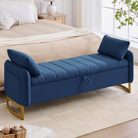 66'' King Size Storage Bench for Bedroom, Teddy Boucle End of Bed Benches for Foot of Bed, Storage Ottoman Bench with Golden Legs and Pockets for Living Room Window Entryway, Blue