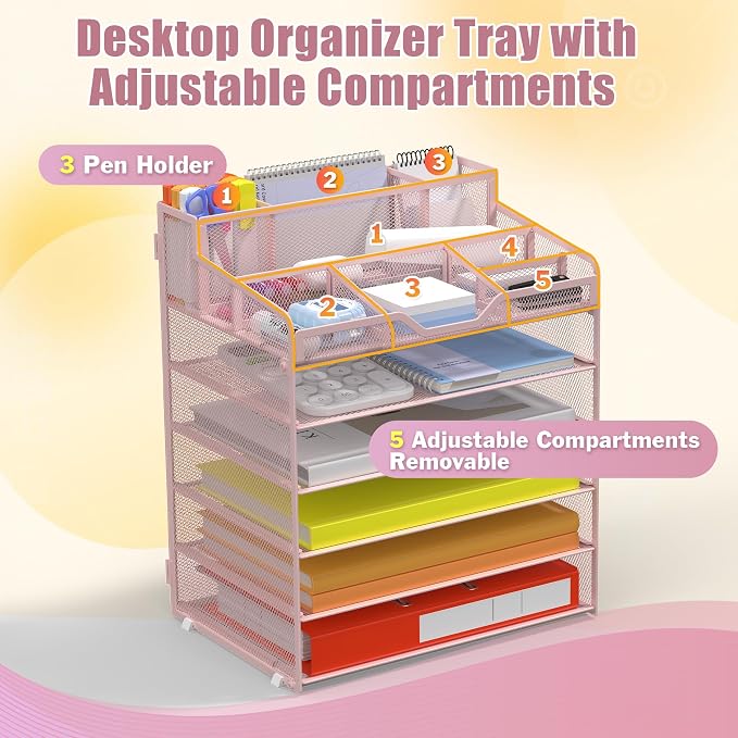 Docnest 6 Tier Mesh Desk Organizer with Letter Tray & Paper Sorter, Pink | Features 3 built-in pen holders & 5 adjustable compartments on top. Includes 4 non-slip rubber feet for desk protection