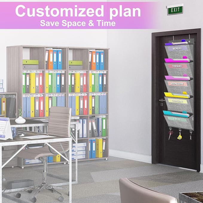Over the Door hanging File Organizer, Weekly Hanging File Folders, Wall Organizers and Storage for Mail, Magazine, Notebooks, Office, Classroom, 5 Large Pockets, 50.39” Tall, Grey