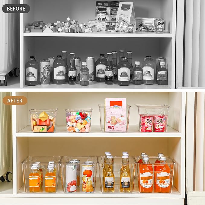 Freebat 12 Pack Pantry Organization and Storage,Clear Plastic Storage Bins | 4Small 4Middle 4Large,Cabinet Organizer, Clear Plastic Storage Containers with Handle,Acrylic Storage Bins for Cabinet,Fridge