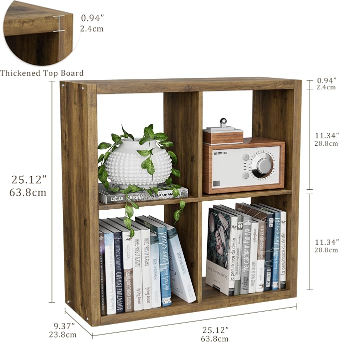 VDNEND Cube Storage Organizer Bookcase, Decorative 11 inch Open Back Cubical Shelf with Thickened Border, Display Bookshelf for Living Room, Home Office, Sturdy Room (Brown, 4 Cube)