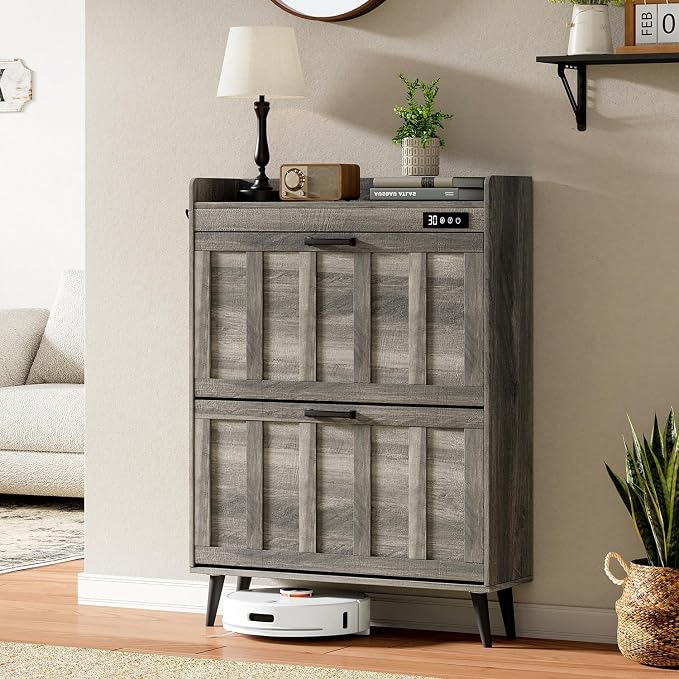 ChooChoo Shoe Storage Cabinet with 2 Flip Drawers and Deodorizer | Shoe Organizer Storage for Entryway, Freestanding Hidden Slim Narrow Shoe Rack Cabinet, Grey