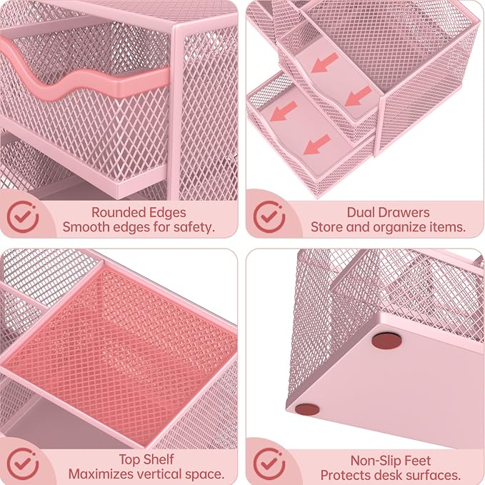 Mesh Desk Organizer with 2 Drawers, Metal Pen Holder for Desk, Pink | Versatile Storage for Pens, Notes, Clips, Desk Accessories and Office Supplies for School Office Classroom
