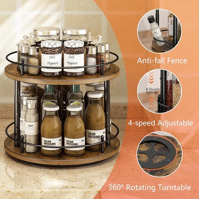 2 Tier Lazy Susan Organizer,2-Tier Spinning Spice Rack with Stable Carousel Base & 4 Height Settings for Cupboard Kitchen Countertop Dining Table Cupboard (Two-Ply(Round))