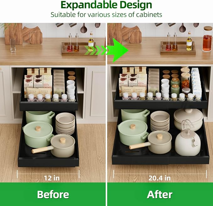 PAKETA 4 Pack Expandable Pull Out Cabinet Organizer,21" Deep | Pull Out Drawers for Cabinets with width from 12" to 20",Sliding Drawers for Cabinets with Upgrade 3 Slide Rails,hold 65 lbs