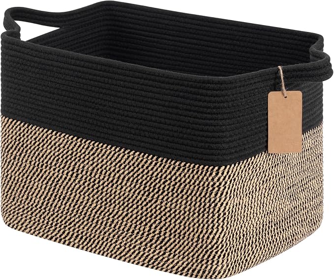 Goodpick Large Wicker Storage Baskets for Organizing, Black & Jute | 50L, 18 × 14 × 12 in, Reinforced Handles, Shoes, Towels & Toys Storage, Living Room, Bedroom & Nursery Organization